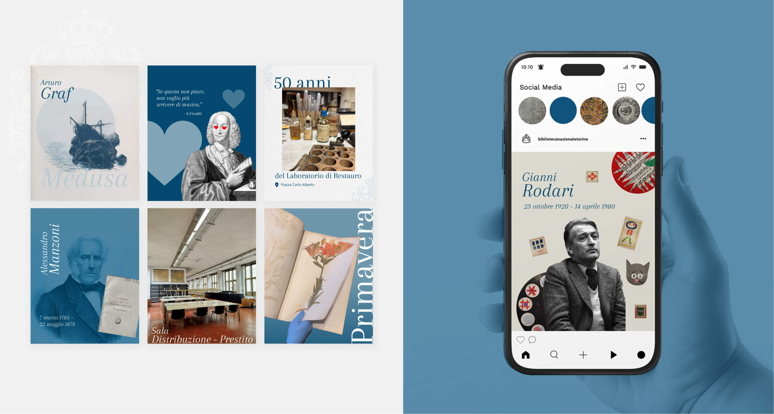 Composizione grafica con anteprima del feed Instagram della Biblioteca Nazionale Universitaria di Torino: post dedicati ad autori come Gianni Rodari, Alessandro Manzoni e Arturo Graf, insieme a immagini del laboratorio di restauro e della sala prestito.