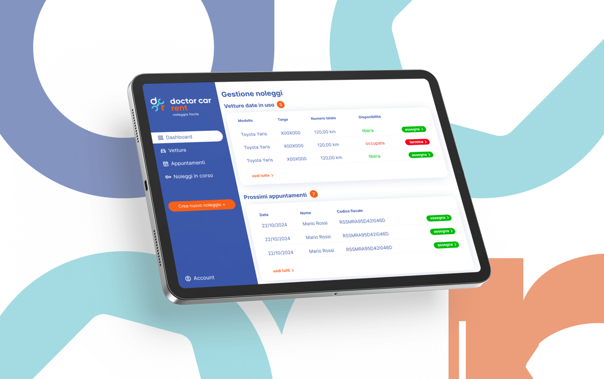 Tablet con interfaccia gestionale Doctor Car Rent, che mostra dashboard di noleggio auto con veicoli disponibili, appuntamenti e pulsanti di gestione.