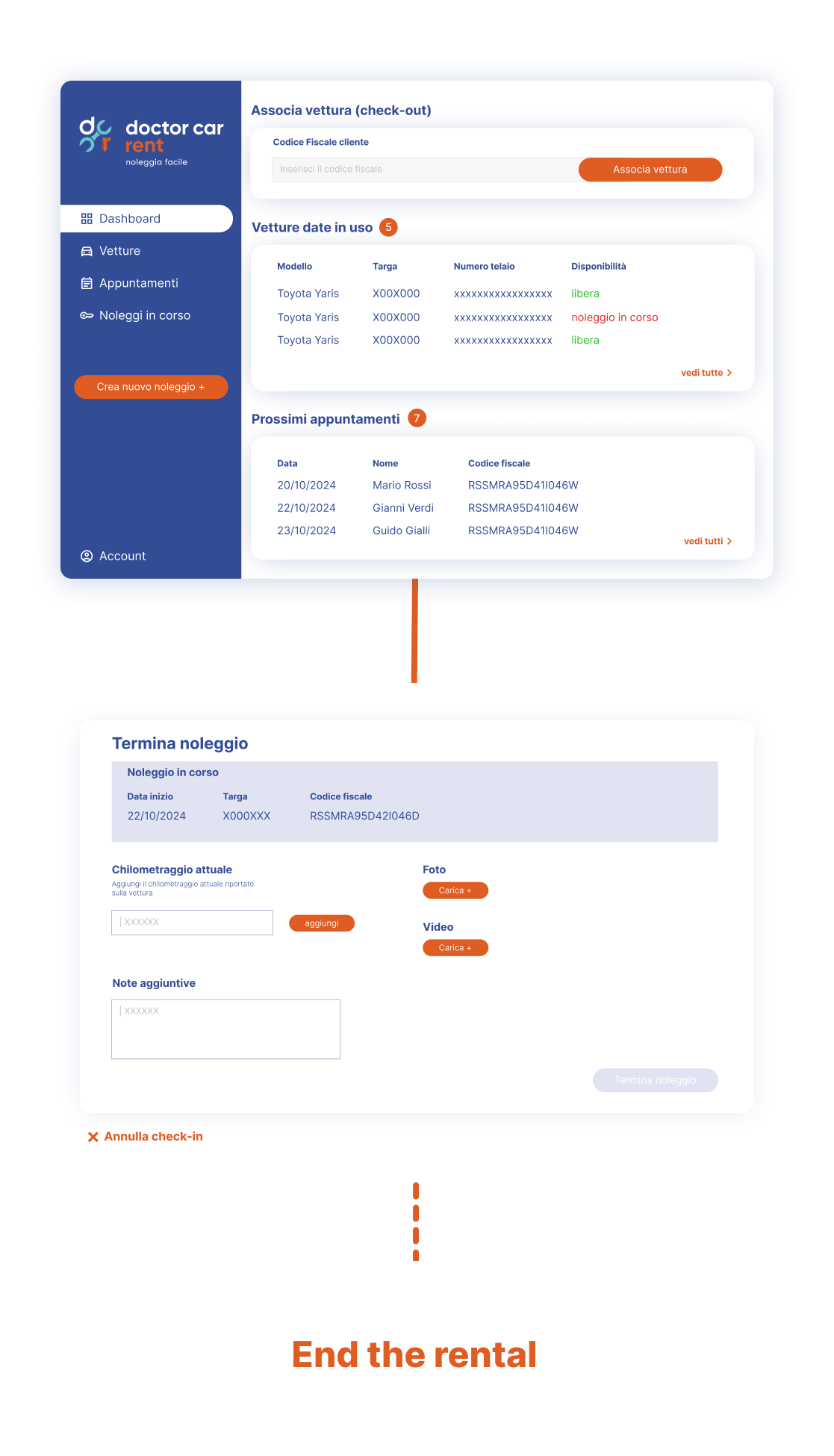 Schermata della piattaforma Doctor Car Rent con gestione noleggi: elenco vetture in uso, prossimi appuntamenti e modulo per terminare il noleggio con inserimento chilometraggio, foto, video e note aggiuntive