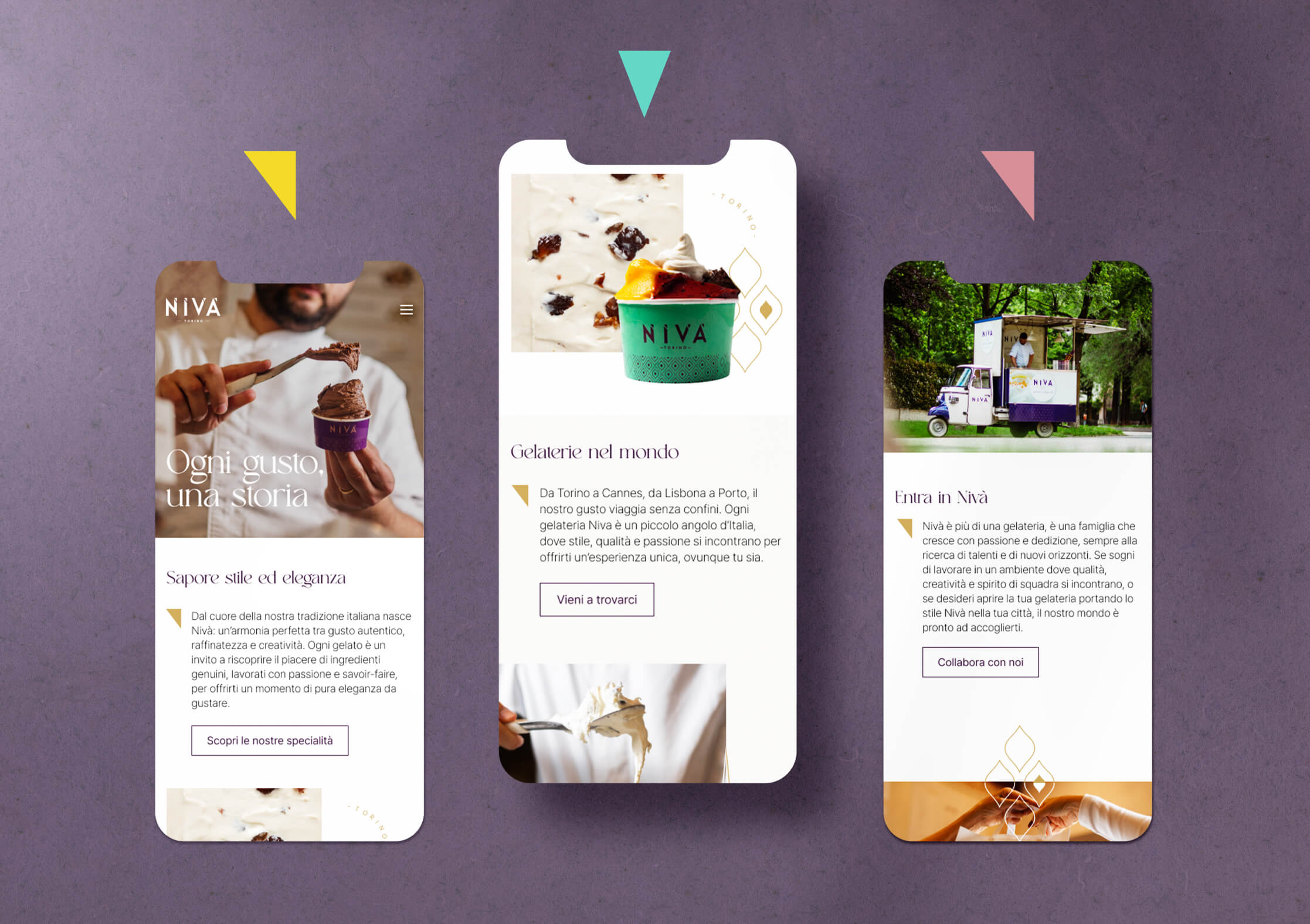 Tre schermate mobile del sito Nivà: presentazione del gelato artigianale, mappa delle gelaterie nel mondo e invito a collaborare, con foto di gelati e food truck.