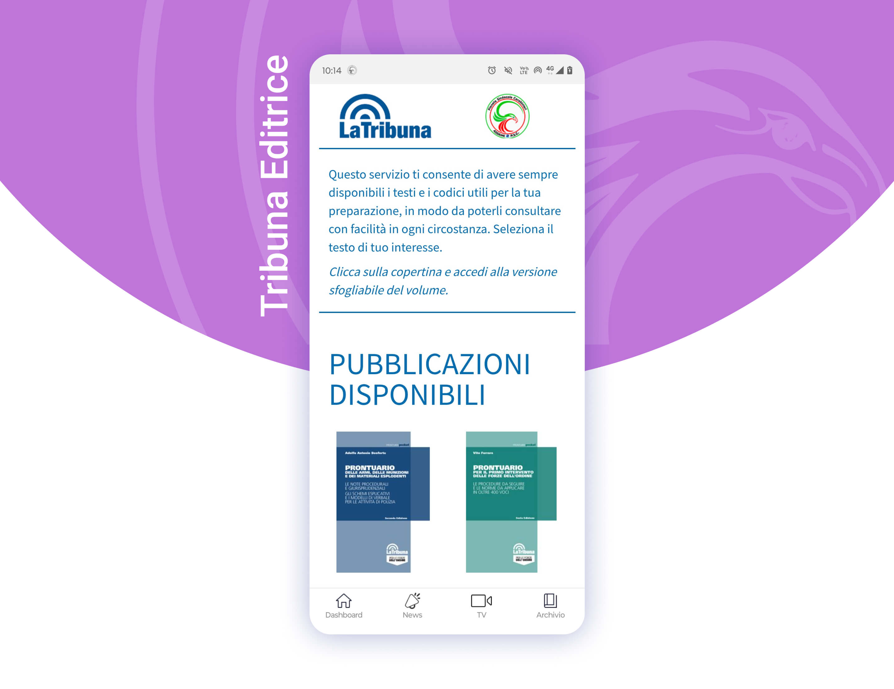 a phone displays the Tribuna Editrice section