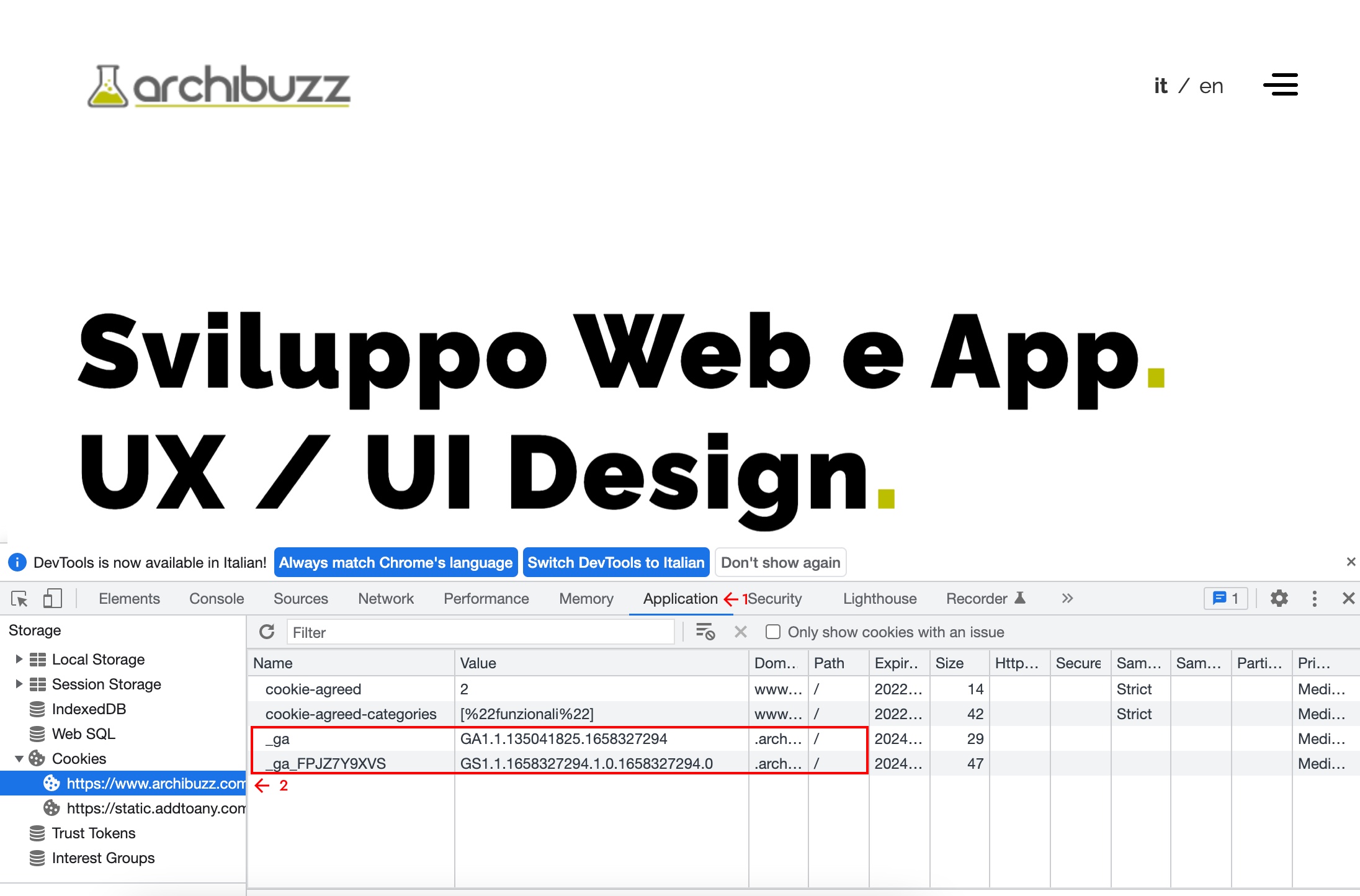 visualizzazione dei cookie tramite l'opzione ispeziona sul sito di Archibuzz