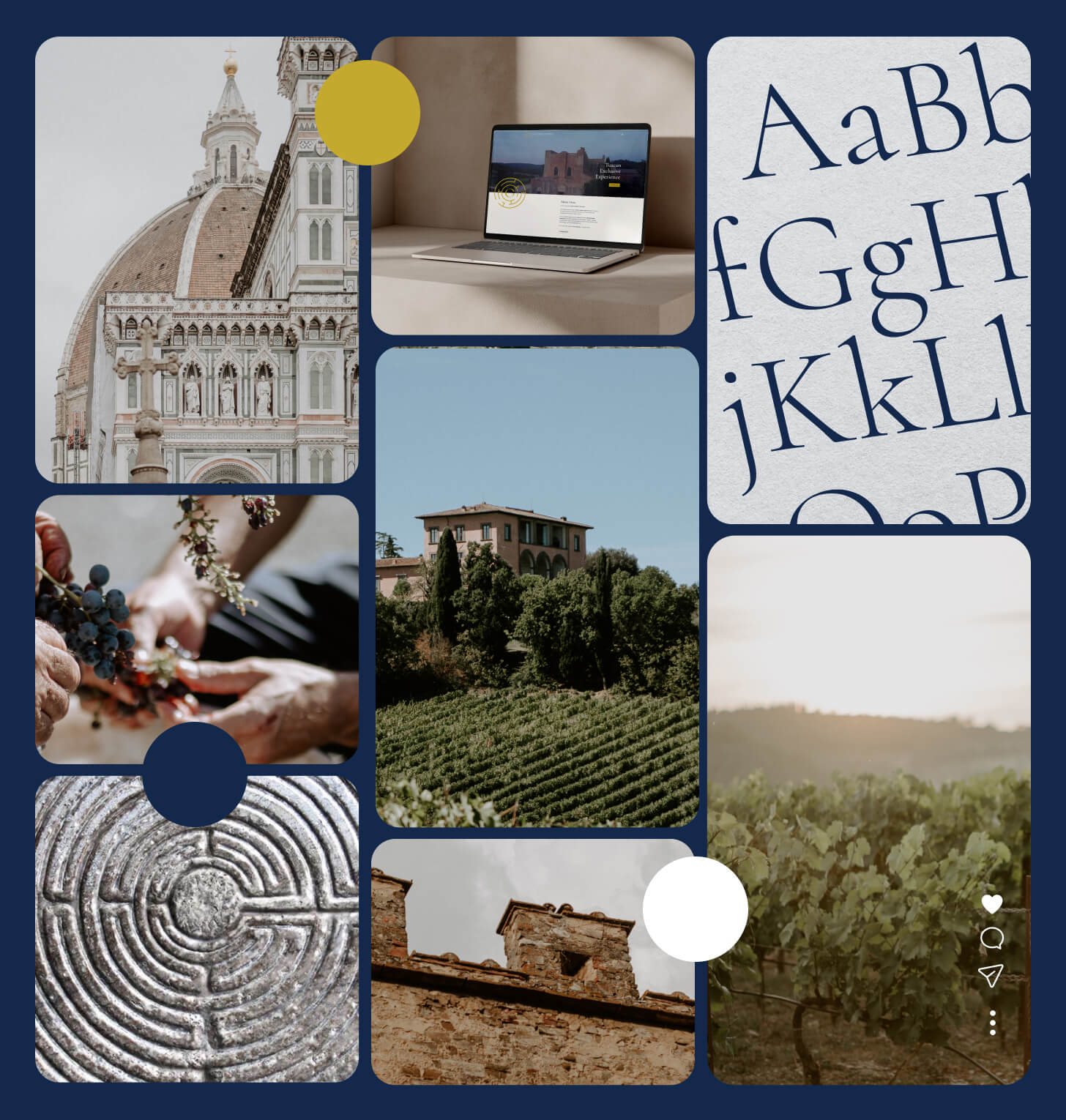 Composition of images inspired by Tuscany: architectural details of the Florence Cathedral, a laptop with a tourist site, fields of vineyards, hands picking grapes, a villa surrounded by greenery, a stone labyrinth and typographical letters on a light background, on a background dark blue with yellow circular graphic elements.
